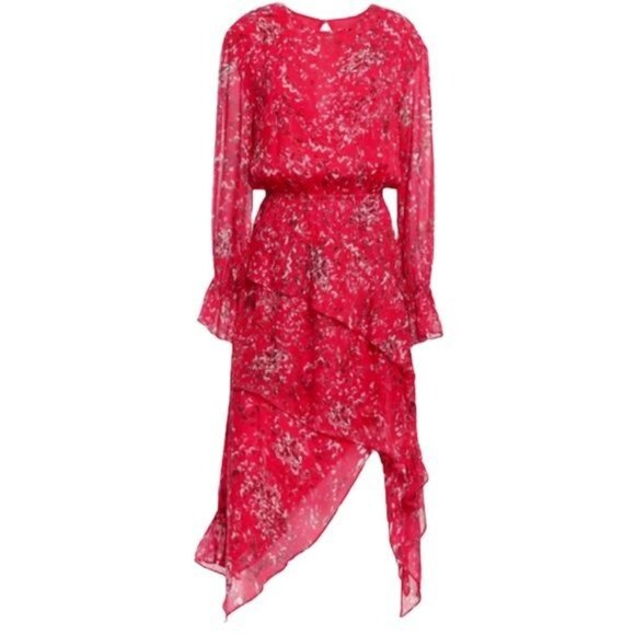 IRO Blank Floral Asymmetric Tiered Midi Dress Womens Size 34 US 2 Red Boho Date - Picture 1 of 10